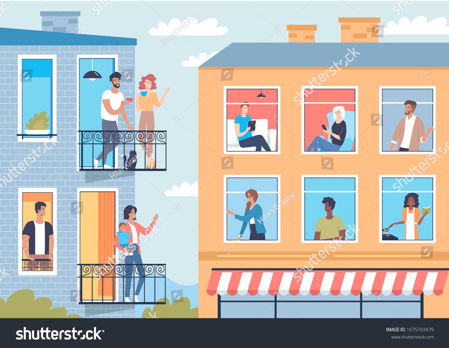 Vector drawing of neighbors in their apartments having fun and talking on patios moving trends safe neighborhoods over politics concept